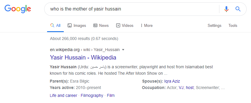 Google search: who is the mother of yasir hussain - it shows Esra Bilgic as Yasir Hussain's mother